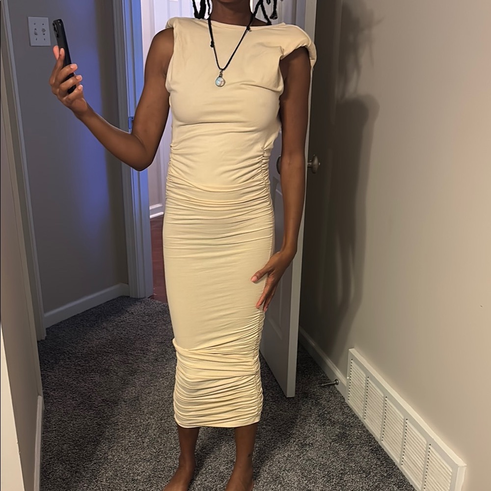 Fashion Nova Cream Ruched One Shoulder Bodycon Dress